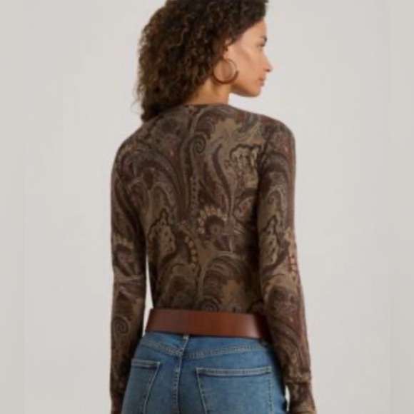 Les Copains Tops - Les Copains Paisley Long-Sleeve V neck Slim Fit Top in Brown